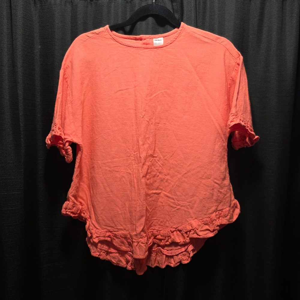 Anko Women Coral Pink Viscose‎ Linen Blend Ruffle Hem Button Back Top Size 8 *